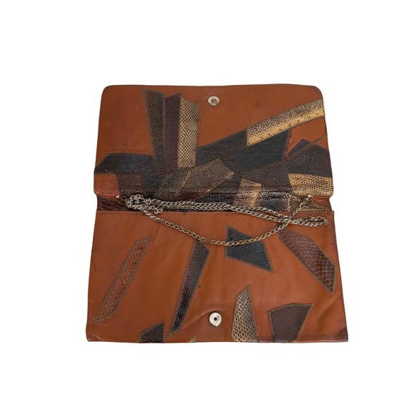 Vintage Patchwork Snakeskin Leather Clutch Brown Exotic Skin Chain Shoulder Bag